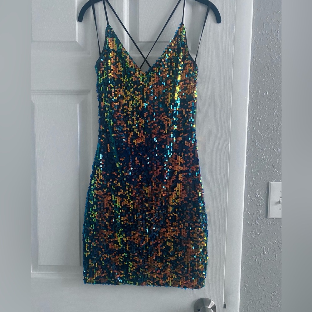 Multicolor sequin bodycon dress with crossed straps in the back. So flattering!